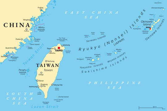 Taiwan, and Okinawa Prefecture of Japan, political map. Taiwan, or the Republic of China, ROC, a country in East Asia. The Okinawa Islands and Sakishima Islands are part of the Ryukyu Islands. Vector