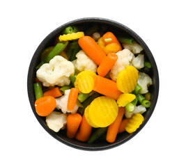 Bowl with stewed mixed vegetables on white background