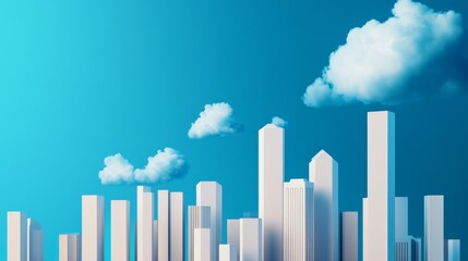 Fototapeta premium Minimalist White Cityscape with Clouds on Blue, Architecture, Urban design