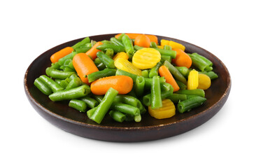 Plate with stewed mixed vegetables on white background