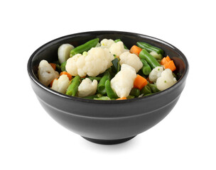 Bowl with stewed mixed vegetables on white background