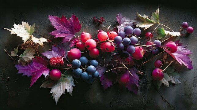 An artistic still life featuring a vibrant arrangement of fruits and leaves against a dark, textured background. The composition includes grapes, apples, and co - Powered by Adobe