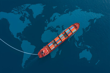 Aerial view of a large cargo container ship sailing across the ocean with a world map overlay illustrating global maritime transport routes and international trade movement
