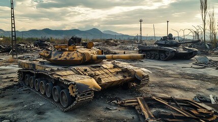 A war-torn battlefield with armored tanks