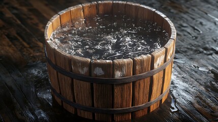 Fototapeta premium Rustic wooden hot tub filled with bubbling dark water sits invitingly on a wet, aged wooden deck creating a serene spa atmosphere