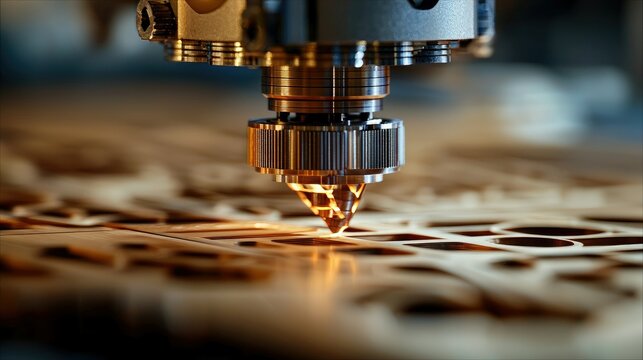 Close-up of a laser cutter in operation, cutting through a wooden sheet, creating sparks and glowing light.