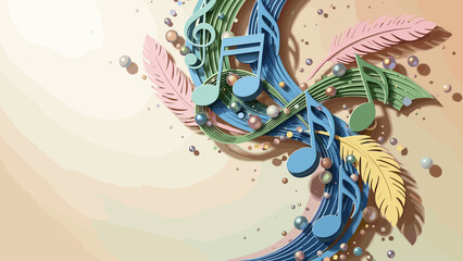 Layered paper design of musical notes intertwined with beads and feathers. Mardi Gras holiday poster, copy space