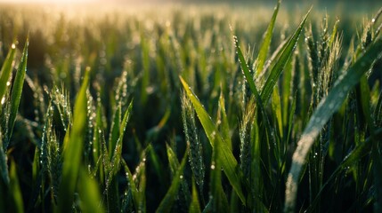 Close up of green wheat monitored by drones in soft morning light for precision farming
