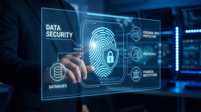 Data Security: A close-up view of a person's hand interacting with a holographic display showcasing data security concepts, representing the vital importance of protection in the digital age. 