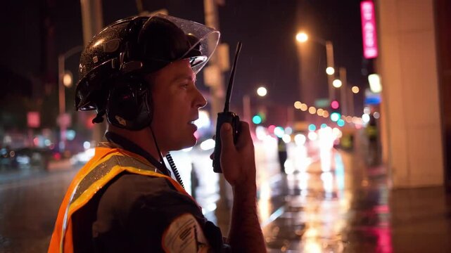 Emergency technician monitors a satellite pager system during urban blackout ensuring vital communication remains uninterrupted for public safety.