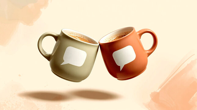 Floating coffee mugs with speech bubble icons on a warm minimal background, symbolizing communication, connection, conversation, and cozy social interaction in a modern conceptual setting