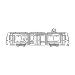 Linear illustration of a modern articulated tram with gear symbols and technical lines, symbolizing public transport maintenance, repair services, and electric vehicle engineering.