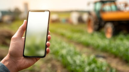 Hand holding smartphone with crop data app in a blurred farm background lifestyle scene
