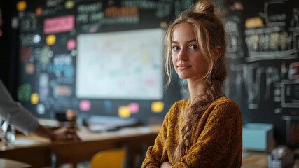 Young woman posing in a classroom with chalkboard art