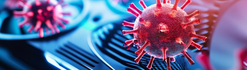 Obraz premium Red Virus Cells on Blue Background Microscopic View, Infection , Disease