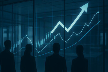 Business team silhouettes watching digital stock market chart with rising arrow showing company revenue growth and successful financial performance
