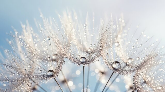 Dandelion Seeds with Water Droplets - Abstract Macro Photography with Soft Blue Background - Powered by Adobe