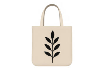 Reusable canvas tote bag with leaf design promoting sustainability and eco-friendly shopping, standing on transparent background