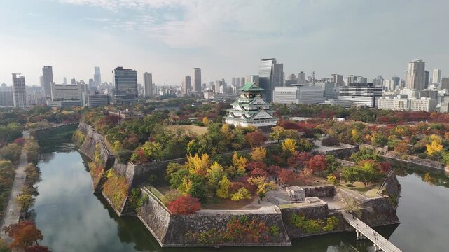 Osaka Castle, Chuo Ward, Osaka, Japan: 4K Aerial Drone Footage of Osaka Castle Park, Moat, Autumn Foliage, Historic Landmark, Japanese Architecture, City Skyline, Urban Landscape, O and Neya River