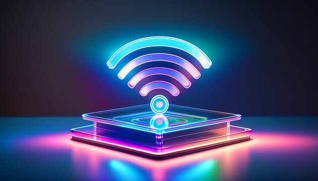 a holographic wifi symbol above a stacked glass platform with neon lights