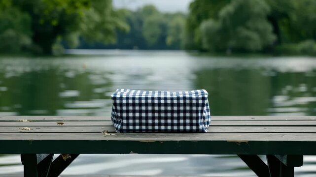 Picnic Setup by the Lake: A charming checkered picnic basket rests invitingly on a wooden bench, with a serene lake and lush green trees forming a picturesque backdrop. Evoking a sense of tranquility.