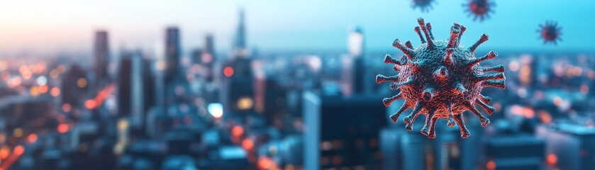 Fototapeta premium Virus Over Cityscape Microbe Threat in Urban Environment, Pandemic, Health