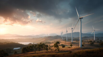 Rural landscape with wind turbines and greenhouses at sunrise showcasing smart agriculture concept