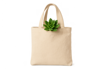Beige canvas tote bag with succulent plant promoting eco-friendly shopping, sustainability, and green living on transparent background