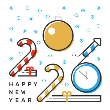 Happy 2026 new year flat thin line vertical colorful greeting card design. Isolated snow flakes, gift box, clock, candy, firecracker, ball on white background