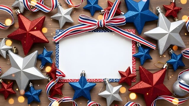 Red, white, and blue glitter star ornaments and a festive patriotic ribbon bow frame a blank card on a rustic wooden background, usa holidays.