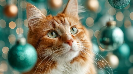 Festive feline scene with curious kitten and shiny baubles, dreamy golden background for winter marketing, posters and wallpapers