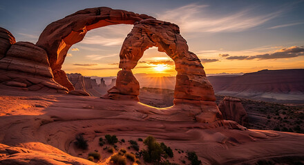 Delicate Arch at Sunset in Arches National Park Utah with Sun Rays graphic design