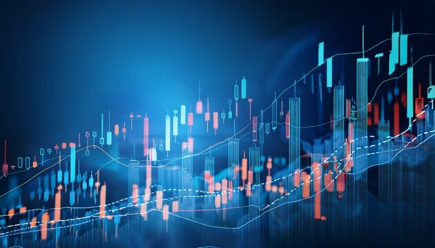stock market trend candlesticks with bar chart on blue background economy and finance growth