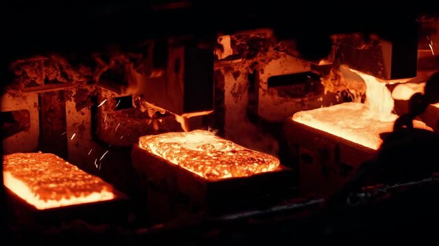 Midrange footage capturing hotbox core making with glowing resincoated sand being cured rapidly in mold assembly line.