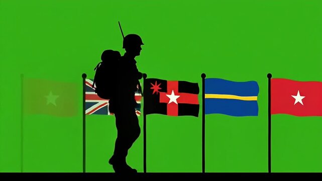 Silhouette Soldier Walking Past Row Of Flags.
