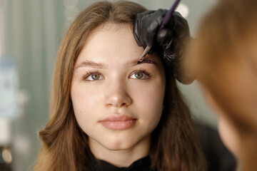 Fototapeta premium Young woman with beautiful eyebrows being styled by a skilled beauty artist in a serene salon environment