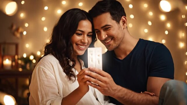 Excited couple holding a positive test result, celebrating joyous news.