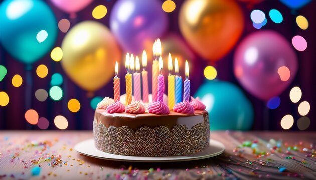 birthday cake with candles and blurred colorful balloons background - Powered by Adobe