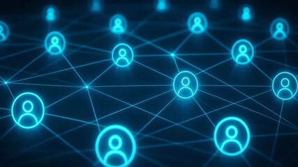 A digital network of interconnected people represented by glowing blue icons on a dark background, symbolizing connectivity and collaboration. - Powered by Adobe