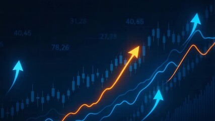 An abstract illustration depicting an upward trend in financial data with arrows and graphs highlighting growth and analytics. - Powered by Adobe