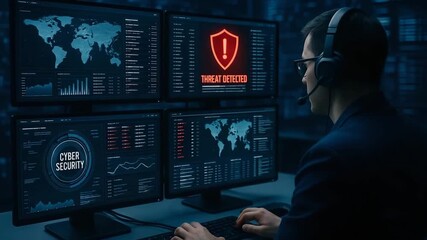 A cybersecurity analyst monitors multiple screens, ensuring data protection against cyber threats in a high-tech environment.