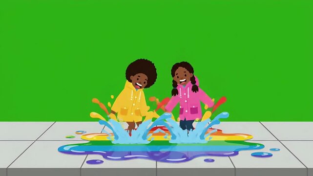 Two Children Jumping Playfully in Rainbow Splash Puddle.