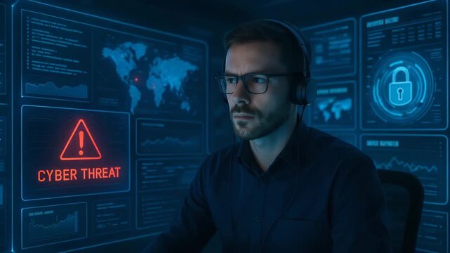 A focused individual monitors cyber threats on a futuristic digital interface, emphasizing the importance of cybersecurity in today's world.