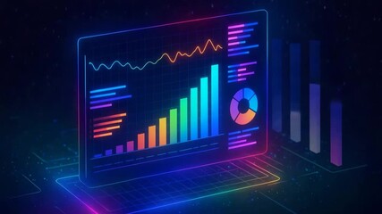 A vibrant, neon-lit laptop displaying colorful financial graphs and charts, showcasing data analysis and technology innovation. - Powered by Adobe