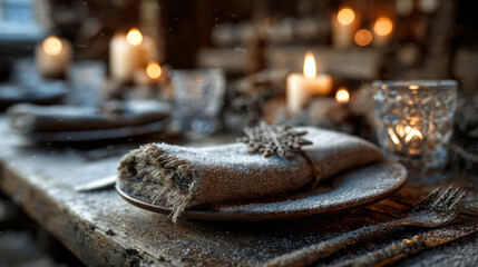 Rustic winter table setting with a burlap napkin tied by twine and a snowflake on a ceramic plate; wooden surface dusted with snow, warm candlelight and crystal glassware creating cozy contrast