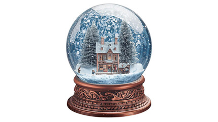 Whimsical Christmas snow globe holds a winter scene with falling snow. Ideal for holiday greetings, product photography, and magical posters.