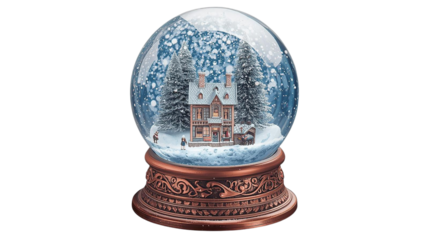 Whimsical Christmas snow globe holds a winter scene with falling snow. Ideal for holiday greetings, product photography, and magical posters.