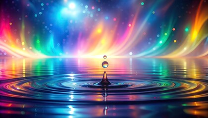 Vibrant Abstract Light Show Reflecting on Water Surface with Ripples and Falling Droplets Illuminated by Rainbow Hues