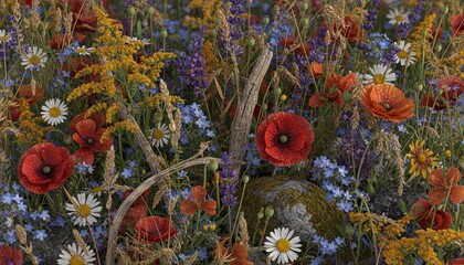 Vibrant Field of Wildflowers With Red Poppies Blue Cornflowers and White Daisies After Raindrops