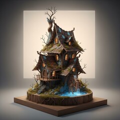 Fantasy Pixel Art Miniature House With Water Wheel And Glowing Windows On A Wooden Stand With Soft Lighting